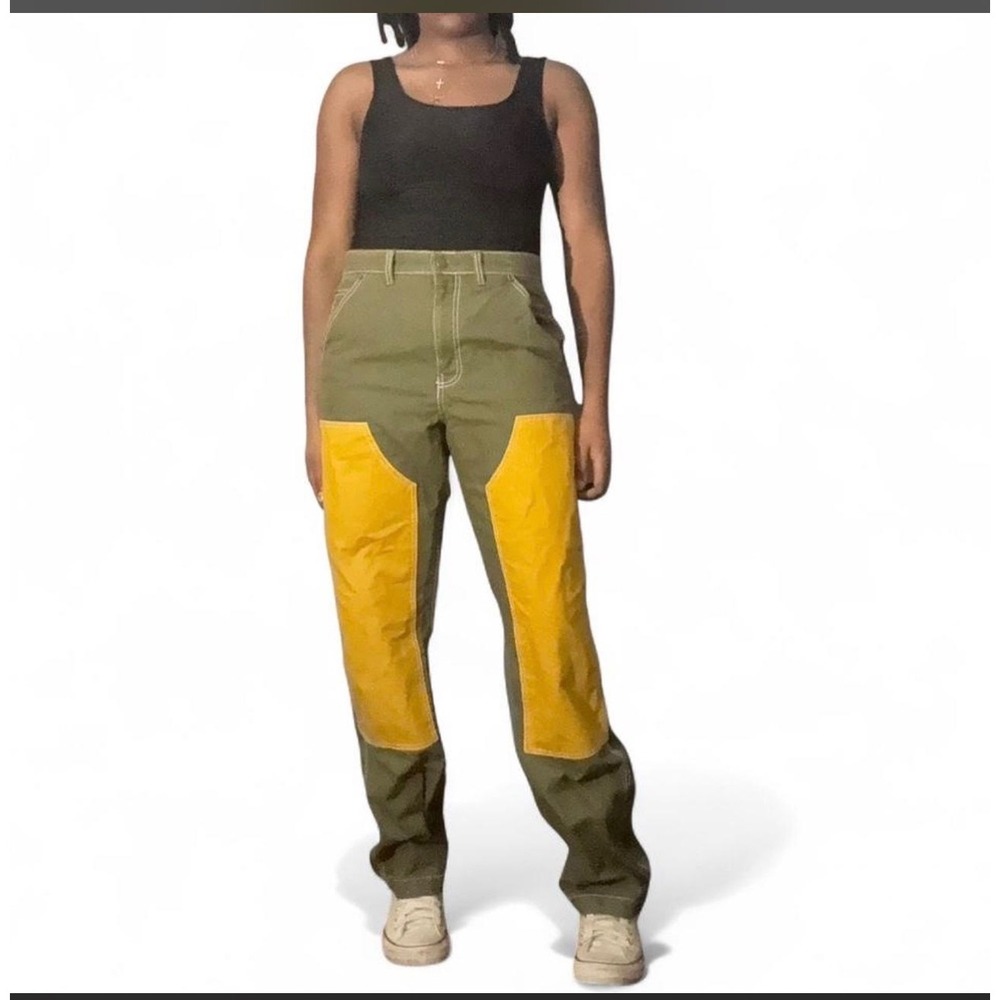 BDG Carpenter Pants Olive Green Yellow Double Knee Raw Hem Workwear Streetwear